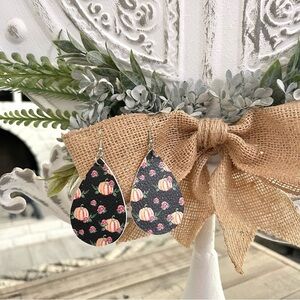 Halloween Fall Faux Leather Teardrop Dangle Earrings Floral Pumpkin